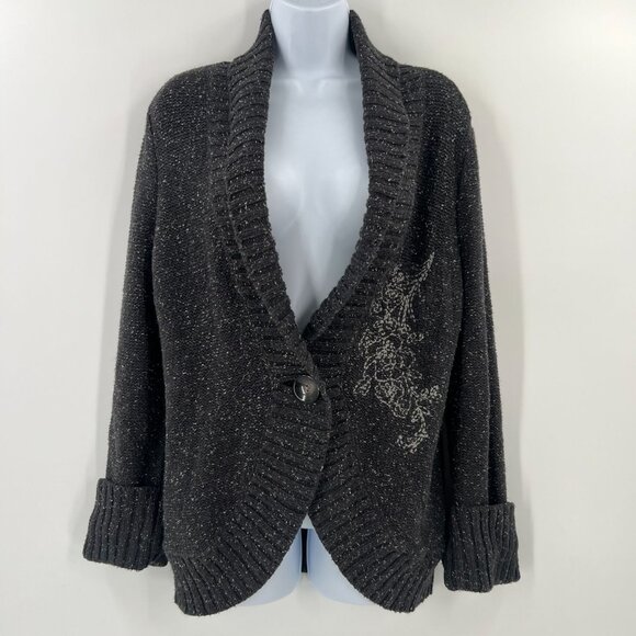 Eddie Bauer Women L Gray Cardigan Shawl Collar One Button Floral Embroidery Fall - Picture 1 of 11